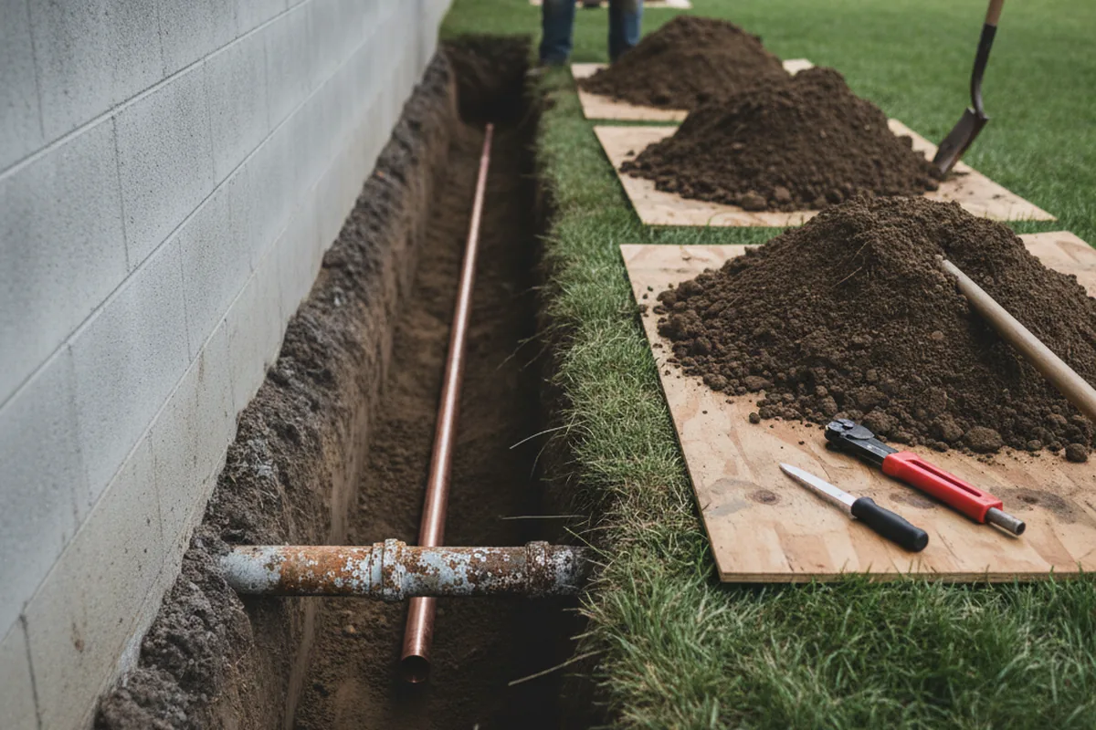 Excavated water line trench during Water Softener Installation in Algodones